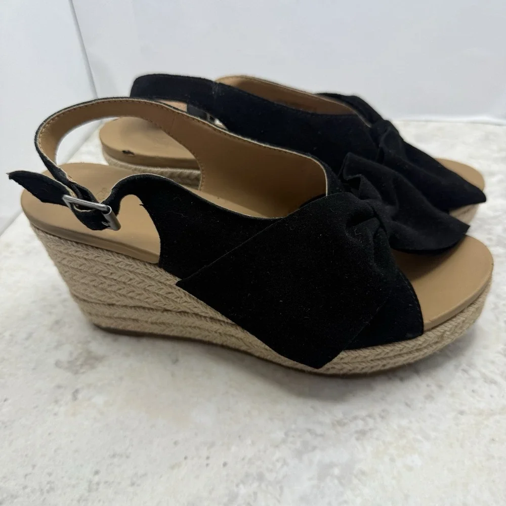 UGG Camilla Women's Size 7 Black Suede Bow Espadrille Wedge Sandals Slingback